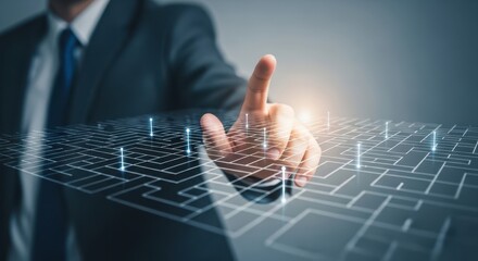 View of a hand interacting with a digital maze, symbolizing navigating complex regulations and business challenges.