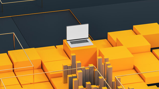 Geometric technology scene with a laptop and blocks