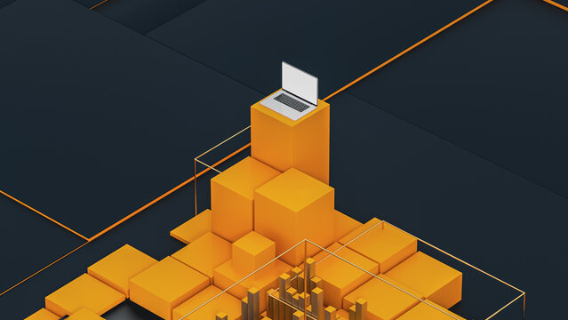 Geometric technology scene with a laptop and blocks