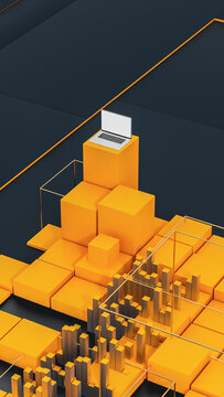 Geometric technology scene with a laptop and blocks
