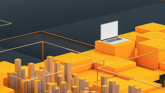 Geometric technology scene with a laptop and blocks