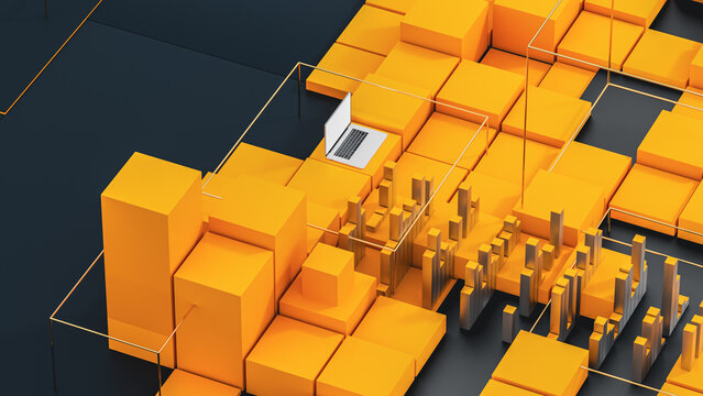 Geometric technology scene with a laptop and blocks