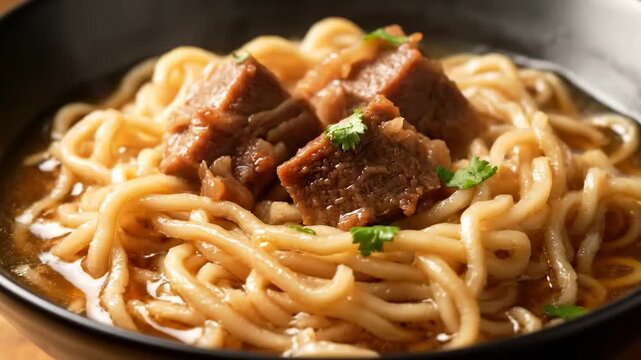 Delicious Taiwanese Beef Noodle Soup (Niu Rou Mian) served hot in a black bowl, featuring thick noodles and tender braised beef chunks, rich broth, and fresh cilantro garnish.