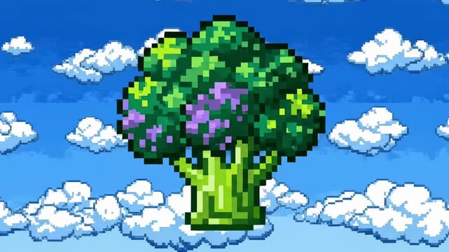 Pixel art tree with flowers floating in a blue sky with white clouds.