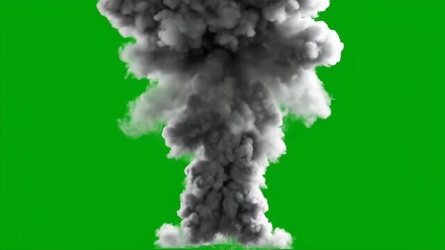 A massive explosion creates a dark, billowing smoke plume against a green background