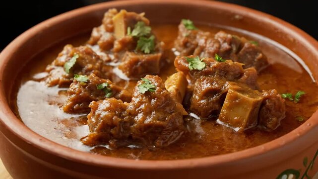 Close-up of rich, authentic Indian Mutton Curry or Goat Meat Masala (Rogan Josh style) served in a traditional terracotta bowl (handi), garnished with fresh cilantro.