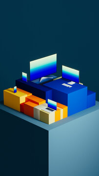 Modern setup of technology devices on a simple display stand