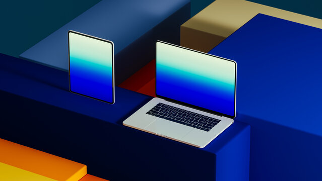 Modern setup of technology devices on a simple display stand