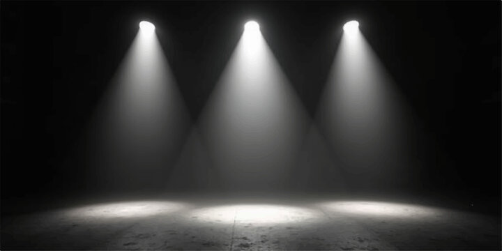 A bright blue spotlight beam shines onto an illuminated theater stage backdrop, creating a professional scene for a music concert or show presentation in a dark club