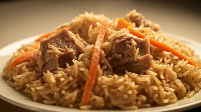 Close-up of Traditional Central Asian Plov (Pilaf) piled high on a plate, featuring savory long-grain rice, tender meat chunks, and sliced carrots.