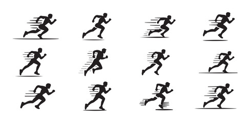 Fototapeta premium Set of twelve black running man silhouettes with speed lines isolated on a white background