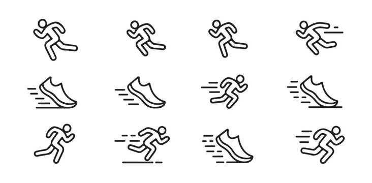 Running icon set line style athlete runner fast speed symbol fitness sign collection isolated on white