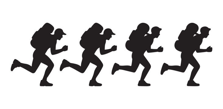 Running man silhouette carrying big backpack hiker runner with large luggage sprinting on white