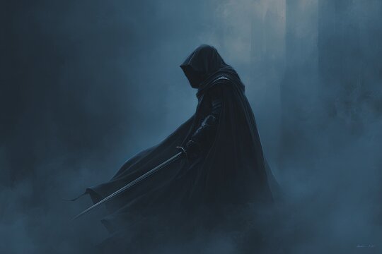 Mysterious knight in black cloak wielding sword  a dark fantasy illustration of enigma and power