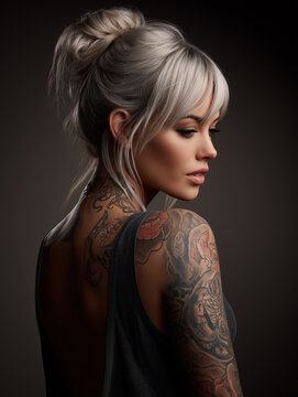 Portrait showcasing a woman with tattoos and bold hair, captured in neutral lighting from a side view, highlighting her unique style and features in a commercial-ready setup