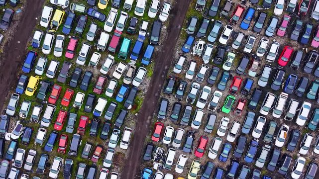 Cars of various colors sit in a junkyard under clear skies. Some spaces between the vehicles show patches of grass and dirt. The view is taken from above.