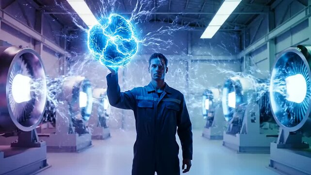 Envisioning AI Workforce Integration, a capable technician expertly manipulates vibrant energy orbs amidst rows of cutting-edge turbines in a sprawling, modern industrial facility.