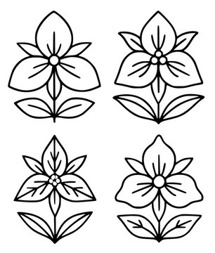 Plant icons, 4 vector illustrations of trillium, in outline design style