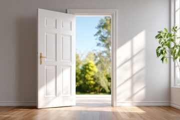 Fototapeta premium Bright Half Open Door Revealing Gentle Light and Nature View Inside a Modern Interior Space