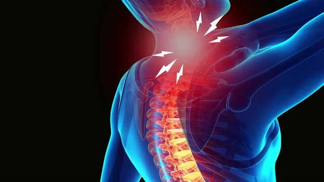Illustration of a man with strong pain in neck. Shoulder pain is pain that occurs in the shoulder area. Cervicalgia or neck muscle pain.