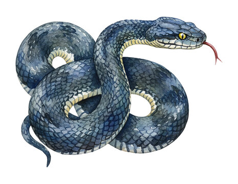 Dark blue grey snake coiled with its head raised and tongue flicking watercolor painting white background