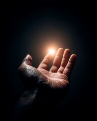 A minimalist symbolic image reflecting the influence of technology and screen addiction, depicting a child's hand reaching for light in the darkness.