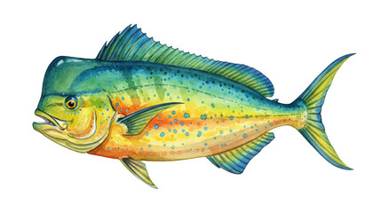 Fototapeta premium Vibrant Watercolor Mahi Mahi Fish with Blue Green and Yellow Scales Swimming with an Open Mouth Illustration