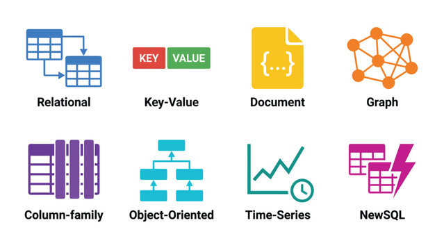 Diverse Database Models Icons Set: Relational, Key-Value, Document, Graph, Time-Series, NewSQL, Data Management Systems