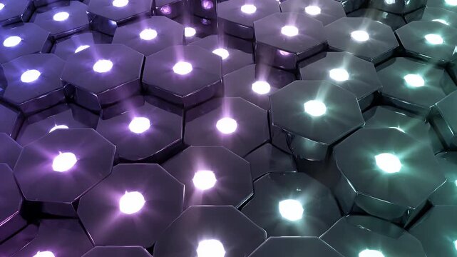 A dark, hexagonal, three-dimensional pattern with bright, glowing lights in the center of each hexagon
