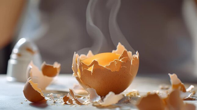 Cracked eggshell on a kitchen counter with fragments and rising steam, capturing a cooking moment from a close-up perspective.