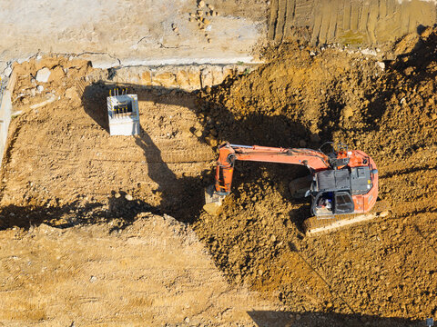 Aerial View Orange Excavator Construction Site Work
