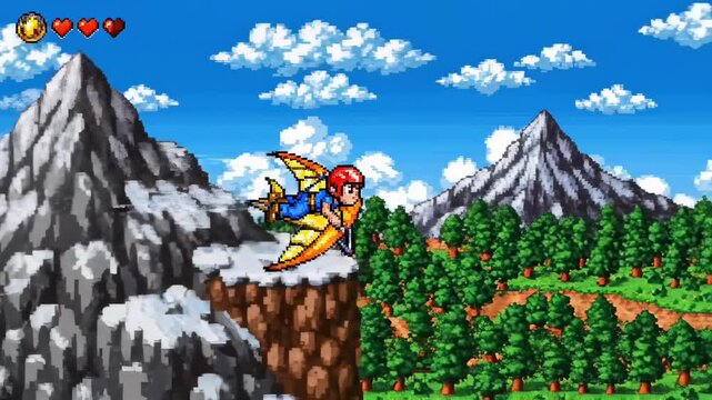 Video game character flying over snowy mountains and forest.