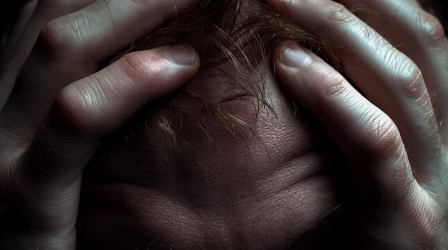 Hands grasping a person's head in distress, close-up view, capturing stress and anxiety emotions intensely