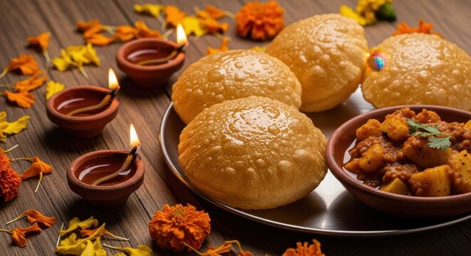 Festive Indian Puri Bhaji with Diyas and Marigolds for Diwali.
