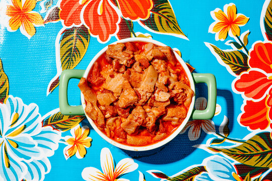 a high angle view of Spanish callos con jamon