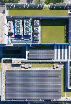 Rooftop Solar Panels, Green Roof, and HVAC Sustainable Building 