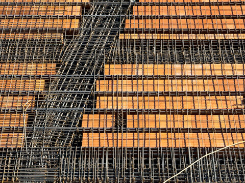 Steel Rebar Reinforcement and Brick Layer Detail at Construction Site