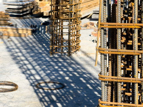 Steel Rebar Cage at Construction Site and Shadow Under Harsh Sunlight