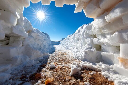 Light Shines Through Ice Hotel Corridor with Melting Ice in Early Spring on a Sunny Day