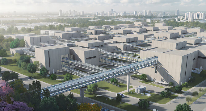 Modern Campus Architecture with Interconnected Buildings and Elevated Glass Walkways.