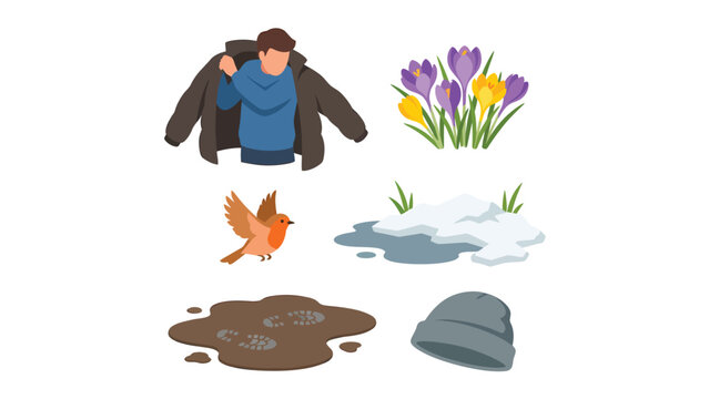 Early Spring Signs Collection: Jacket, Crocus Flowers, Robin, Melting Snow, Mud, Beanie. Winter to Spring Transition.
