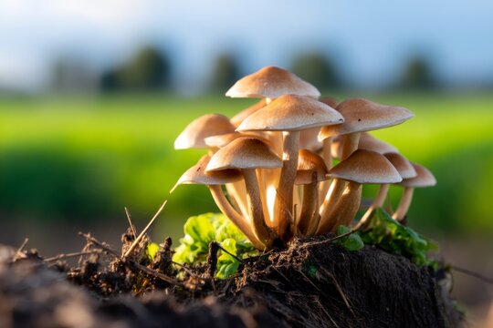 Realistic Mushroom Ring Forming in Grazing Area Surrounded by Vibrant Green Grass