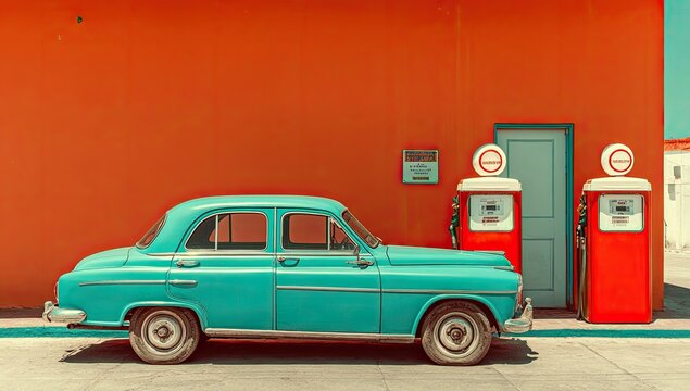 Turquoise vintage car at bright orange gas station