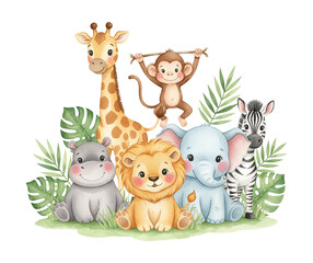 Naklejka premium Adorable baby safari animals including giraffe monkey hippo lion elephant zebra smiling happily on green grass