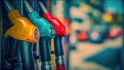 Row of colorful gas pump nozzles at a station, ready for use