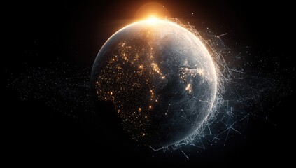 Glowing Earth with digital network overlay, bathed in sunrise