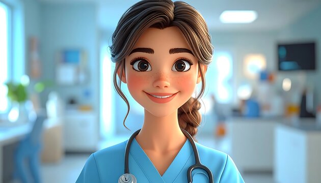 Animated portrait of a smiling healthcare worker in scrubs with a stethoscope in a blurred medical setting