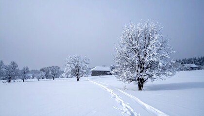 Fototapeta premium Winter Landscape with Snow-Covered Trees and a Distant Building.