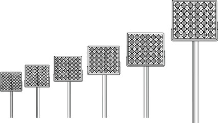 Stadium floodlight panels on tall towers vector illustration featuring sports arena lighting equipment outdoor infrastructure silhouette monochrome design © Arzina