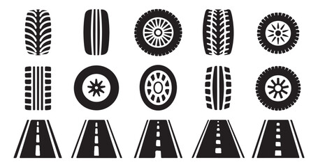 Collection of tire, wheel, and road icons illustrating car parts and driving pathways © VANU